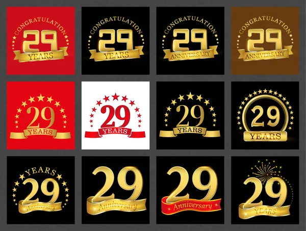 Conjunto Veintinueve Años Diseño Celebración Aniversario Oro Número Elementos Plantilla — Vector de stock