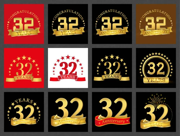 Conjunto Treinta Dos Años Diseño Celebración Aniversario Oro Número Elementos — Vector de stock