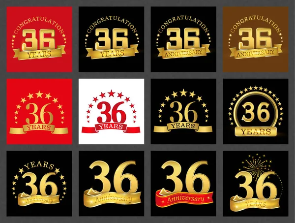 Conjunto Diseño Celebración Número Treinta Seis Años Aniversario Oro Número — Vector de stock