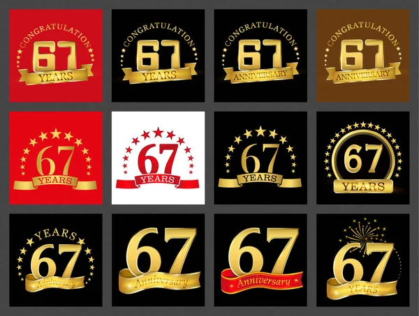 Set of number sixty-seven (67 years) celebration design. Anniversary golden number template elements for your birthday party.