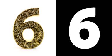 Altın 6 numara (6 yıl) gölge ve alfa kanalı ile desen stili Zentangle beyaz zemin üzerine bırakın. 3D çizim.