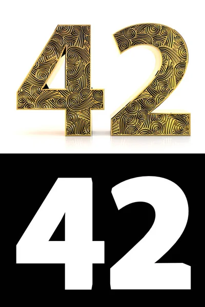 金黄数字 42期 42年 白色背景与图案样式 Zentangle 下落阴影和 Alpha — 图库照片