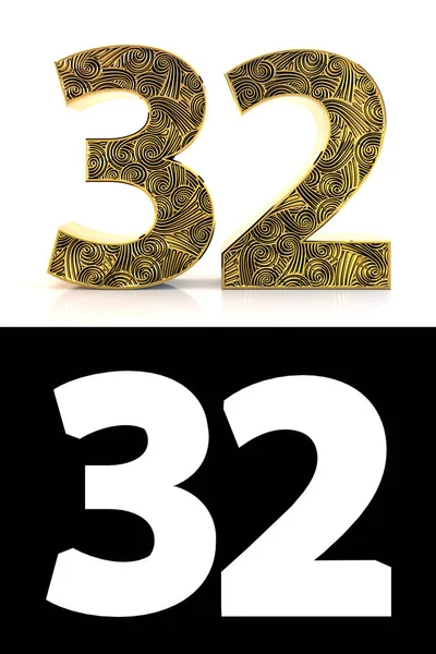Golden Number Thirty Two Years White Background Pattern Style Zentangle — Stock Photo, Image