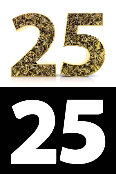 金黄数字二十五 25年 在白色背景与样式样式 Zentangle 下落阴影和 Alpha — 图库照片