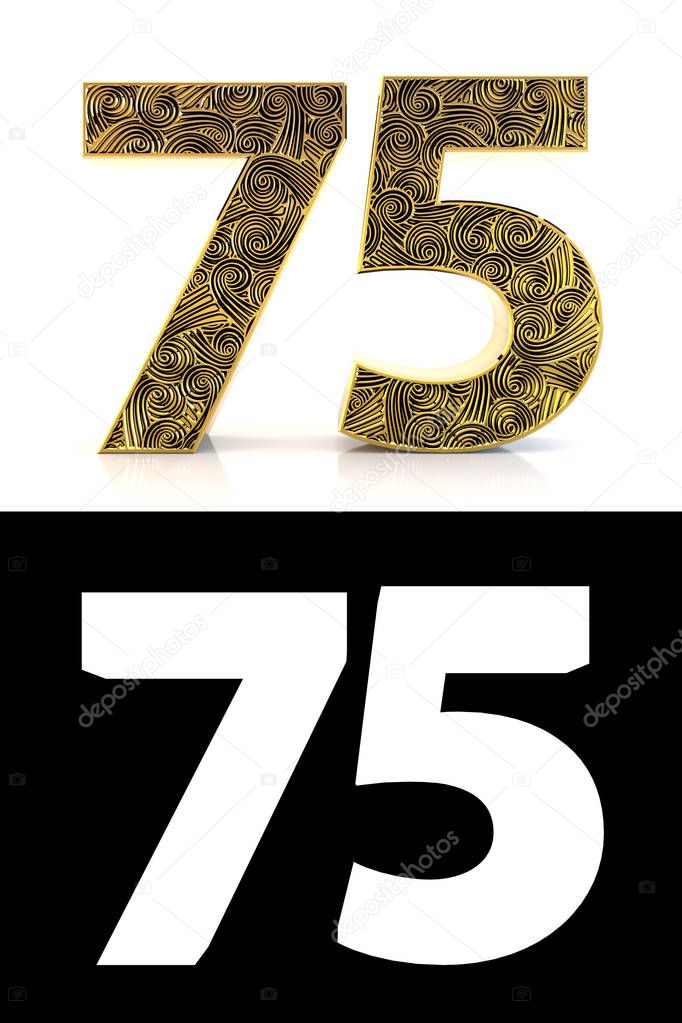 Golden number seventy-five (75 years) on white background with pattern style Zentangle, drop shadow and alpha channel. 3D illustration.