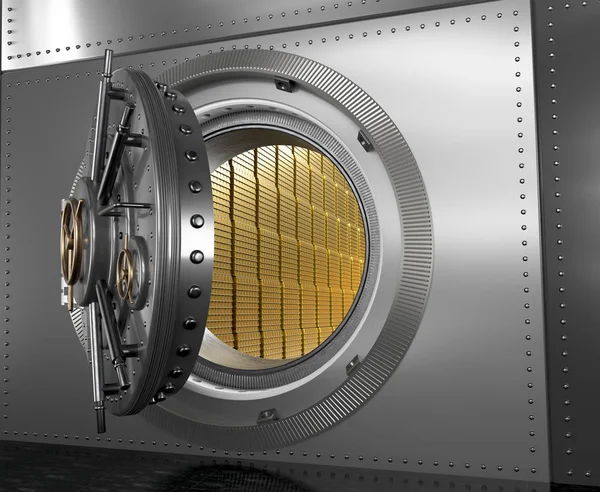 Safe with the door open. Gold in the vault. 3D illustration.