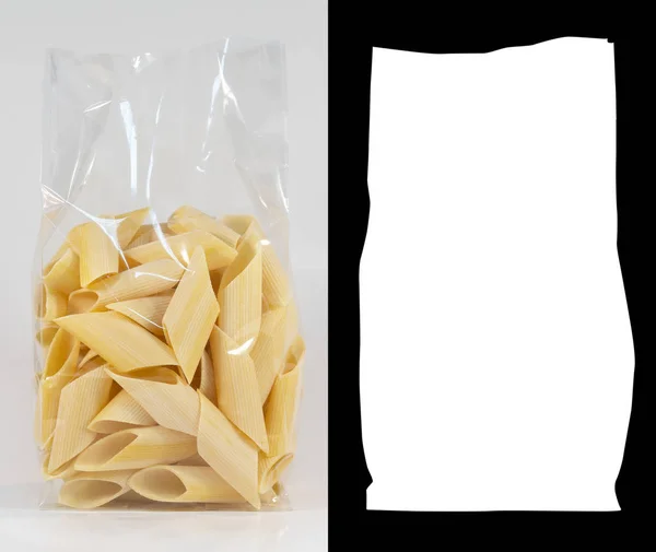 Transparent Plastic Pasta Bag Penne Rigate White Background Alpha Channel — Stock Photo, Image
