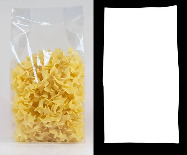 Transparent Plastic Pasta Bag Tagliatelle Rigate White Background Alpha Channel — Stock Photo, Image
