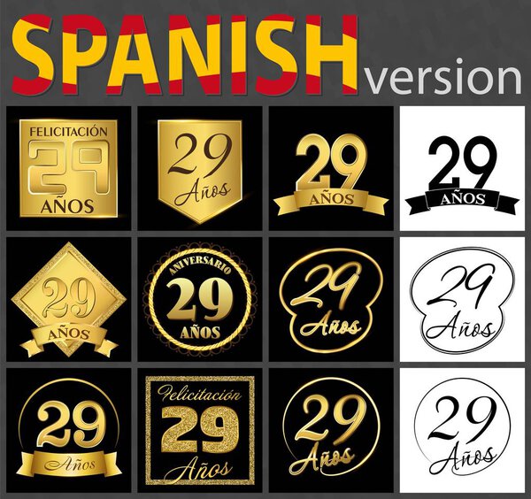 Set of number twenty-nine years (29 years) celebration design. Anniversary golden number template elements for your birthday party. Translated from the Spanish - congratulation, years, anniversary