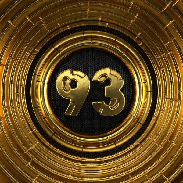 黄金93号 第93号 有穿孔的黑色金属背景和金戒指 3D插图 — 图库照片