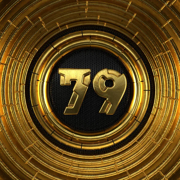 Gold Number Number Seventy Nine Perforated Black Metal Background Gold — Stock Photo, Image