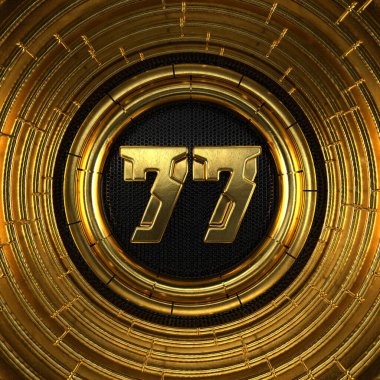 Siyah metal arka planı delinmiş ve altın halkaları olan 77 numaralı altın (77 numara). 3B illüstrasyon