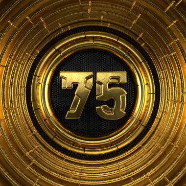 Siyah metal arka planı delinmiş ve altın halkaları olan 75 numaralı altın (yetmiş beş numara). 3B illüstrasyon