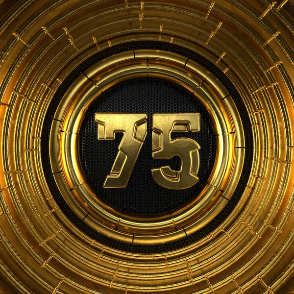 黄金75号 第75号 带有穿孔的黑色金属背景和金戒指 3D插图 — 图库照片