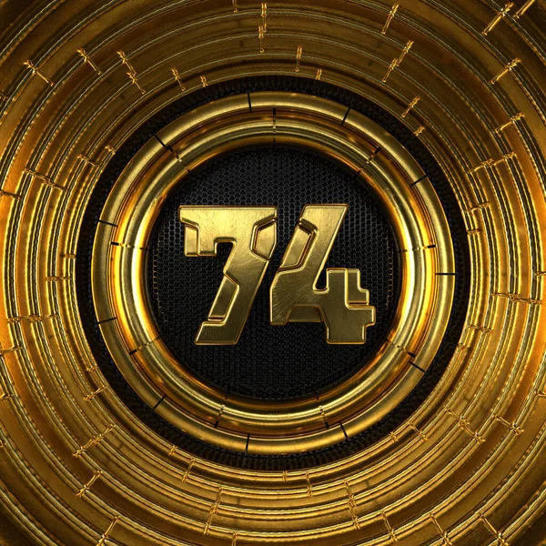 ゴールドナンバー74 74番 ブラックメタルのバックグランドとゴールドのリングがセッティングされている 3Dイラスト — ストック写真
