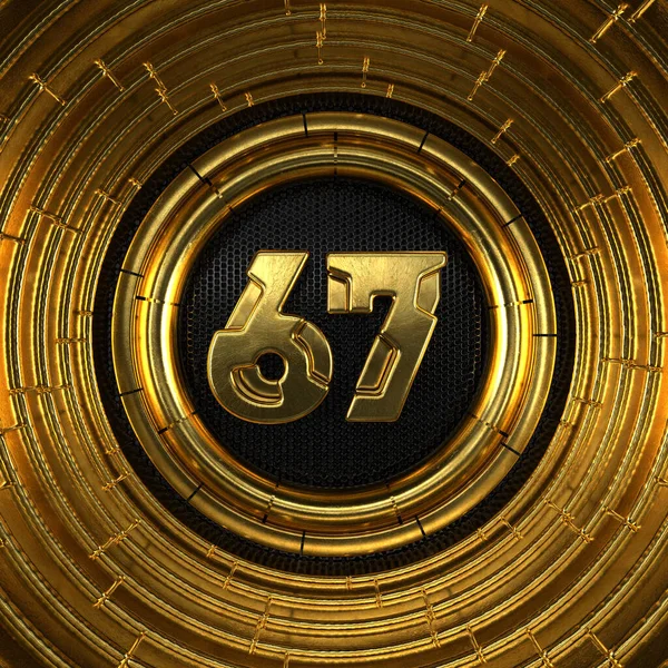 Guld Nummer Nummer Sextiosju Med Perforerad Svart Metall Bakgrund Och — Stockfoto