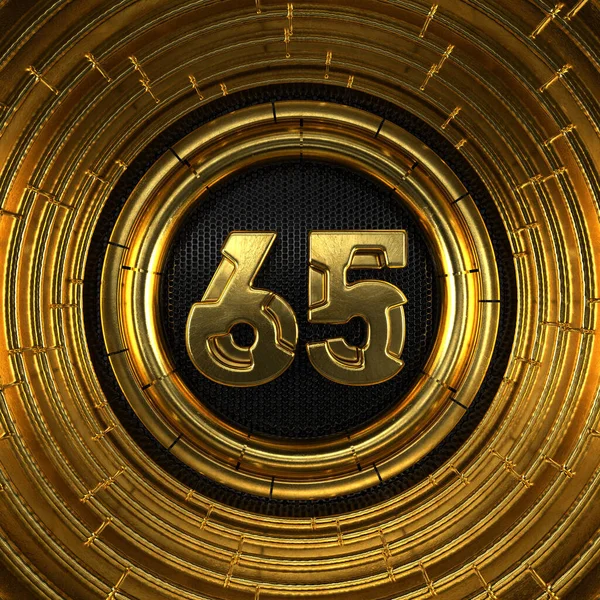 65号黄金 65号 有穿孔的黑色金属背景和金戒指 3D插图 — 图库照片