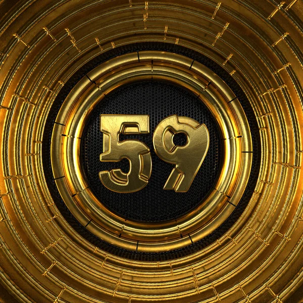 59号黄金 59号 有穿孔的黑色金属背景和金戒指 3D插图 — 图库照片