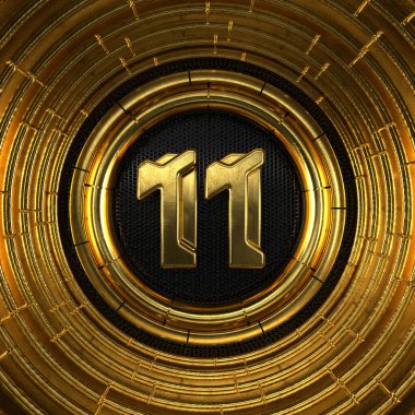 Siyah metal arka planı ve altın halkaları olan 11 numaralı altın (11 numara). 3B illüstrasyon