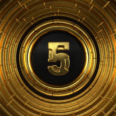 Siyah metal arka planı ve altın halkaları olan 5 numaralı altın (5 numara). 3B illüstrasyon
