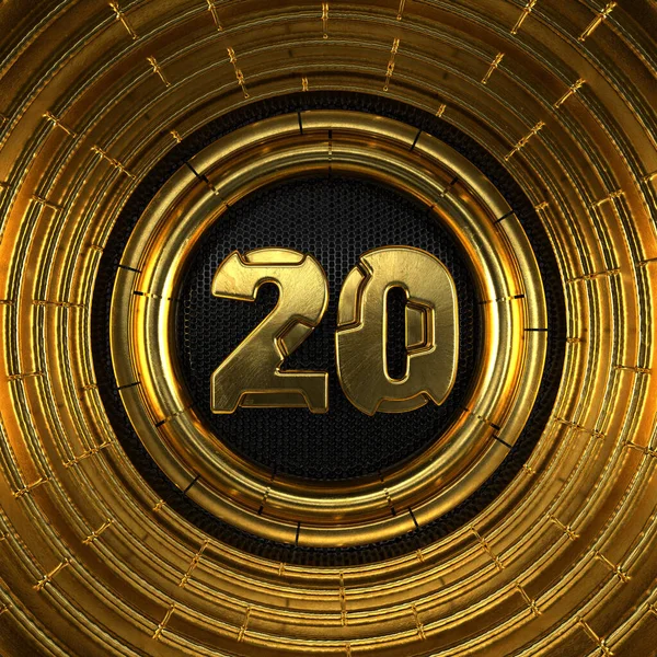 Gold Nummer Nummer Zwanzig Mit Perforiertem Schwarzem Metallhintergrund Und Umlaufenden — Stockfoto