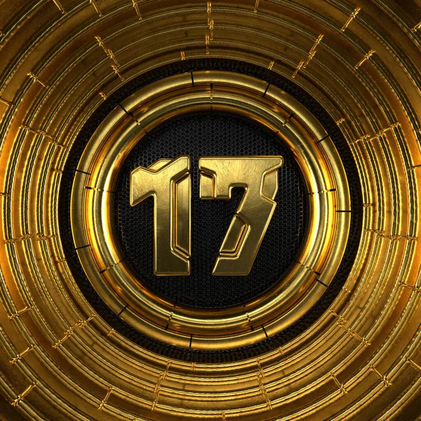 黄金17号 17号 有穿孔的黑色金属背景和金戒指 3D插图 — 图库照片