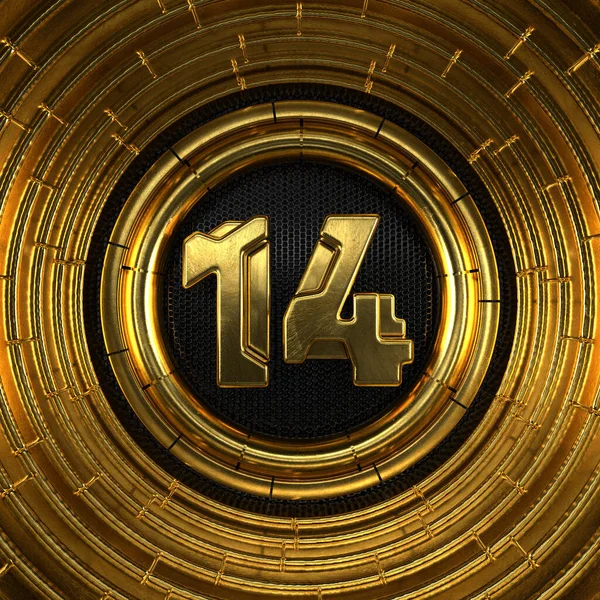 Золотой Номер Номер Четырнадцать Перфорированным Блэк Металлическим Фоном Золотыми Кольцами — стоковое фото