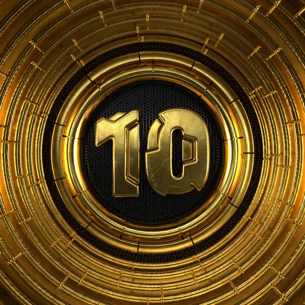 Золотой Номер Номер Десять Перфорированным Блэк Металлическим Фоном Золотыми Кольцами — стоковое фото