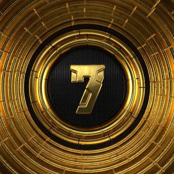 Gold Number Number Seven Perforated Black Metal Background Gold Rings — Stock Photo, Image