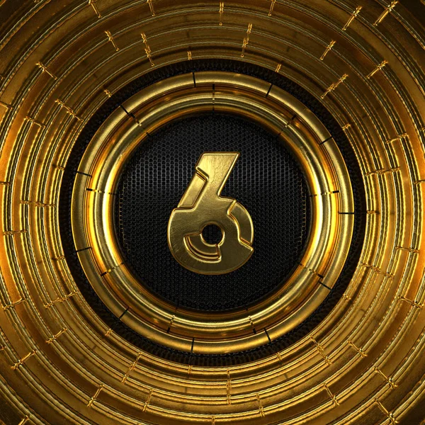 Zlaté Číslo Číslo Šest Perforovaným Černým Kovovým Pozadím Zlatými Kroužky — Stock fotografie
