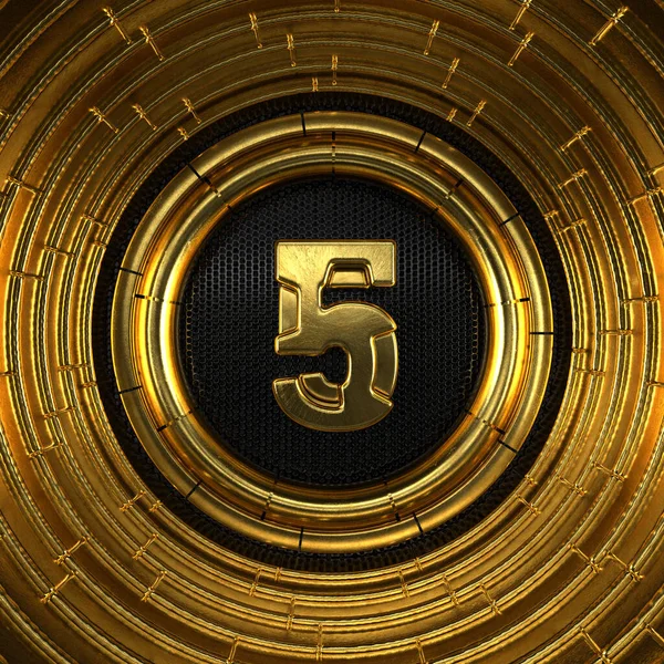 Gold Nummer Nummer Fünf Mit Perforiertem Schwarzem Metallhintergrund Und Umlaufenden — Stockfoto
