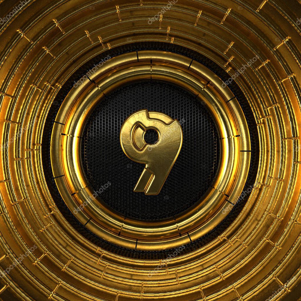 Gold number 9 (number nine) with perforated black metal background and gold rings around. 3D illustration