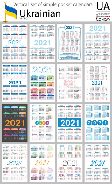 2021 için Ukrayna 'nın dikey cep takvimleri (iki bin yirmi bir). Hafta pazartesi başlıyor. Yeni yıl. Basit renk tasarımı. Vektör
