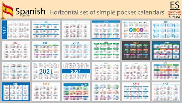 Spanish horizontal set of pocket calendars for 2021 (two thousand twenty one). Week starts Sunday. New year. Color simple design. Vector