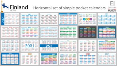 2021 için Fince yatay cep takvimi seti (iki bin yirmi bir). Hafta pazartesi başlıyor. Yeni yıl. Basit renk tasarımı. Vektör