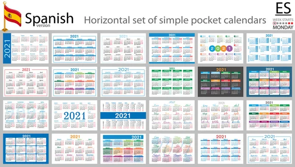 スペイン2021年のポケットカレンダーの水平セット 2千21 週は月曜日から 新年だ シンプルなデザイン ベクトル — ストックベクタ