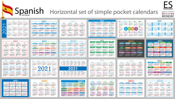 SpaIn horizontal set of pocket calendars for 2021 (two thousand twenty one). Week starts Monday. New year. Color simple design. Vector