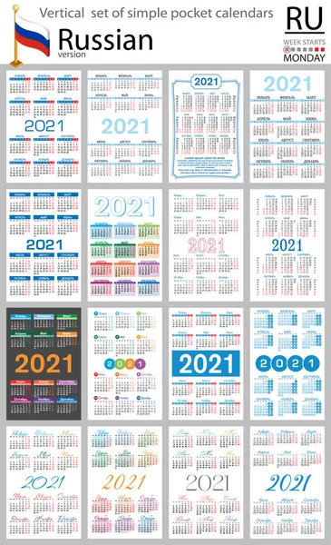 2021 için Rus cep takvimi seti (iki bin yirmi bir). Hafta pazartesi başlıyor. Yeni yıl. Basit renk tasarımı. Vektör