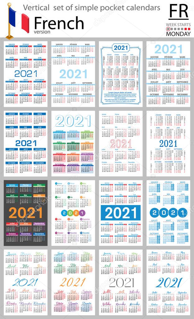 French vertical set of pocket calendars for 2021 (two thousand twenty one). Week starts Monday. New year. Color simple design. Vector