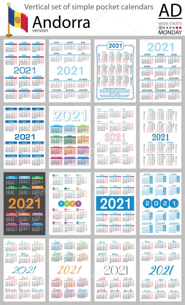 Catalan vertical set of pocket calendars for 2021 (two thousand twenty one). Week starts Monday. New year. Color simple design. Vector