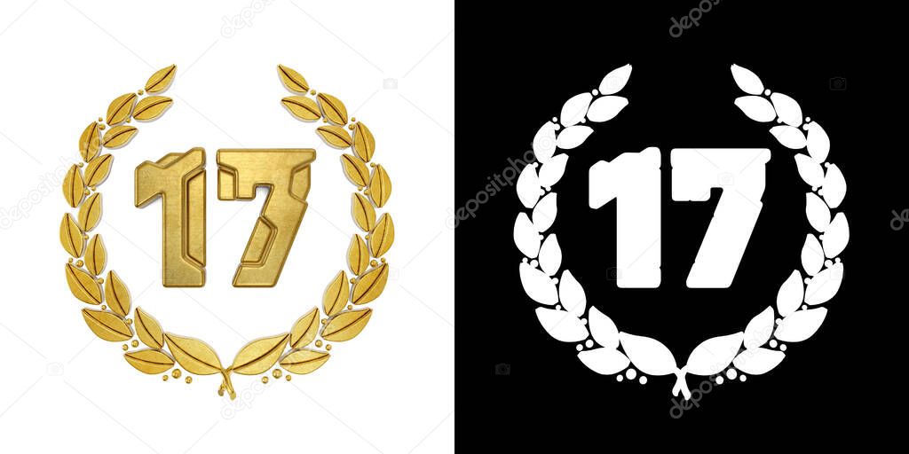 Gold number 17 (number seventeen) with laurel branch with alpha channel. 3D illustration