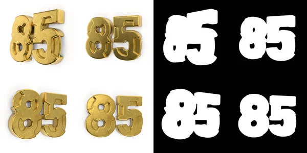 一组金色的85号 85号 左面视图和右面视图 在白色背景上有阿尔法通道和阴影 3D插图 — 图库照片