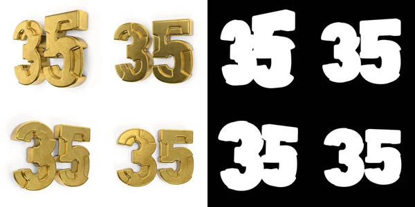 金色の番号35 番号35 のセット左側のビューと右側のビュー 白い背景にアルファチャンネルと影と 3Dイラスト — ストック写真