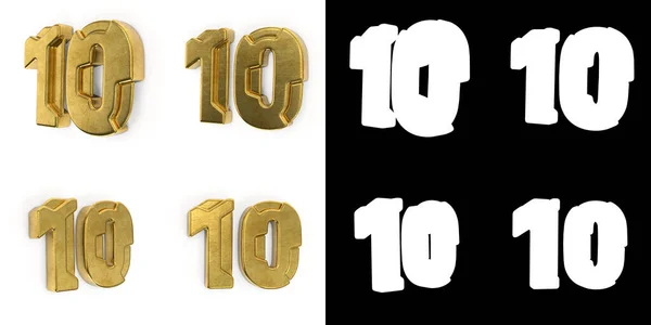 一组金黄色的10号 10号 左面视图和右面视图 白色背景上有阿尔法通道和阴影 3D插图 — 图库照片