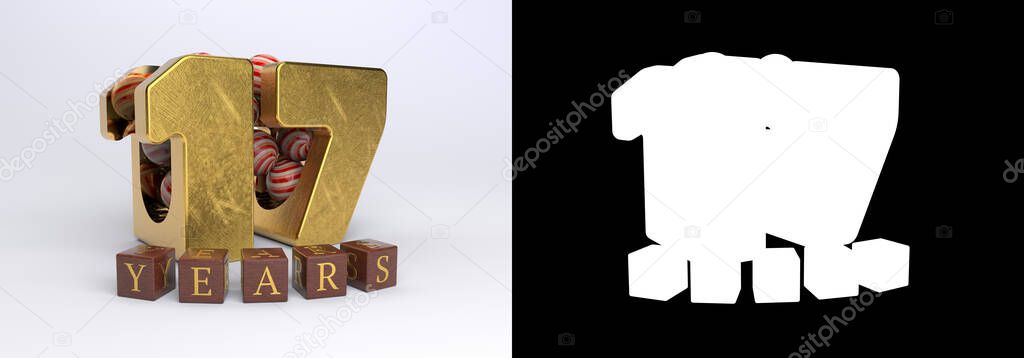 Number 17 (number seventeen) anniversary celebration design with round candies and the inscription years from cubes on a white background with shadow and alpha channel. 3D illustration