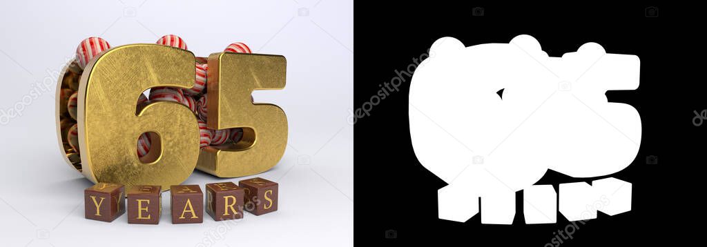 Number 65 (number sixty-five) anniversary celebration design with round candies and the inscription years from cubes on a white background with shadow and alpha channel. 3D illustration