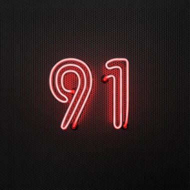  Delinmiş metal zemin üzerinde parlayan kırmızı neon numarası 91 (doksan bir numara). 3B illüstrasyon