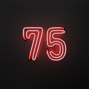  Parlayan kırmızı neon numara 75 (75 numara) delinmiş metal zemin üzerinde. 3B illüstrasyon