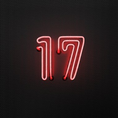  Delinmiş metal zemin üzerinde parlayan kırmızı neon numara 17 (17 numara). 3B illüstrasyon