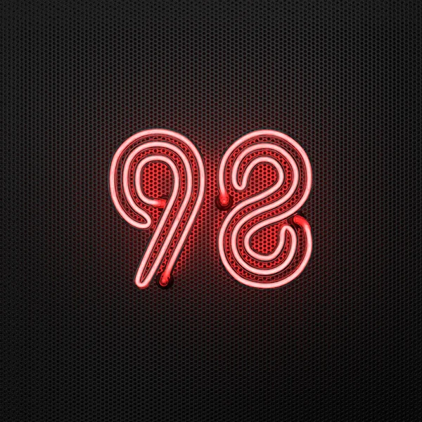 Glödande Röd Neon Nummer Nummer Nittioåtta Perforerad Metallbakgrund Illustration — Stockfoto